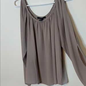 Tan long sleeve blouse with open shoulder
